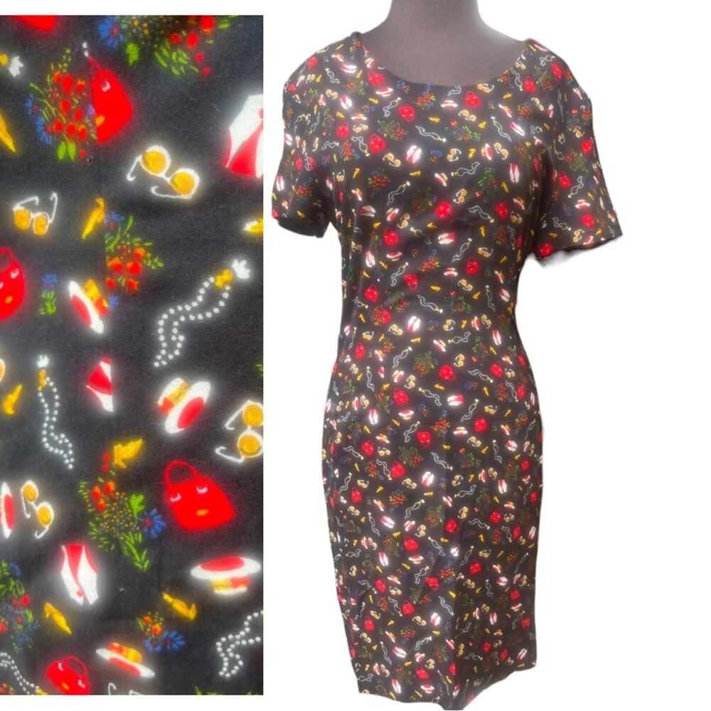 Vtg 90s Novelty Print Pinup Retro Feminine Purse Pearls Floral Print Dress M